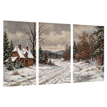 Snowy cottage winter landscape painting set of 3 poster prints on a white background