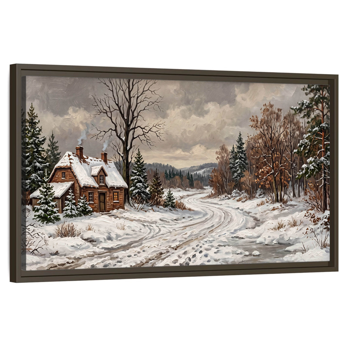 Snowy cottage winter landscape painting framed canvas wall art on a white background