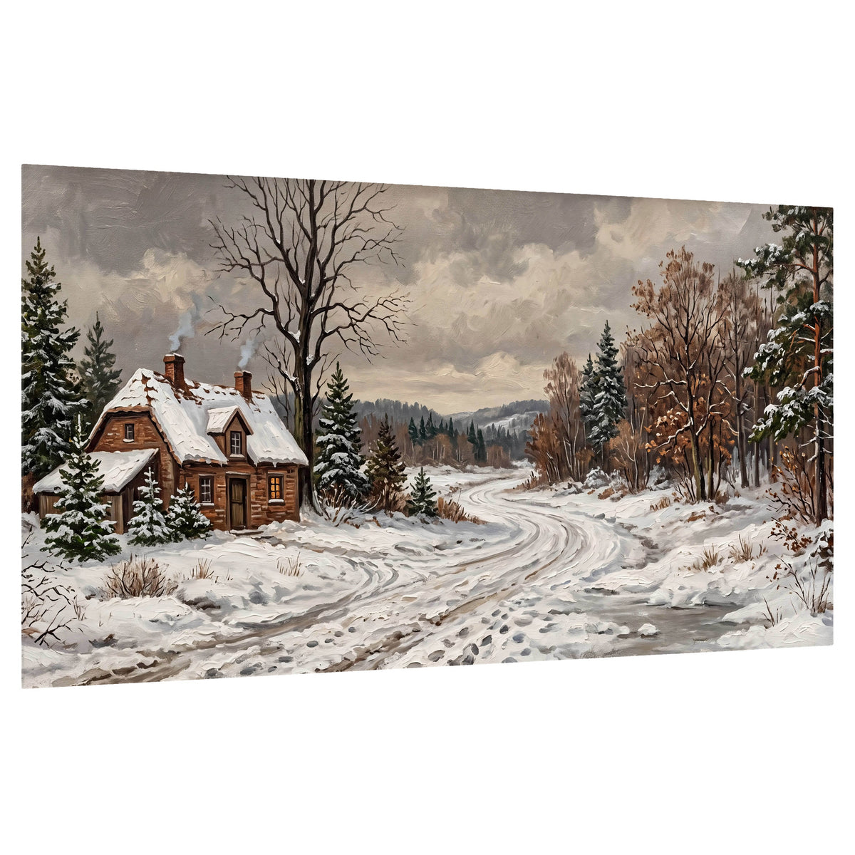 Snowy cottage winter landscape painting poster print on a white background