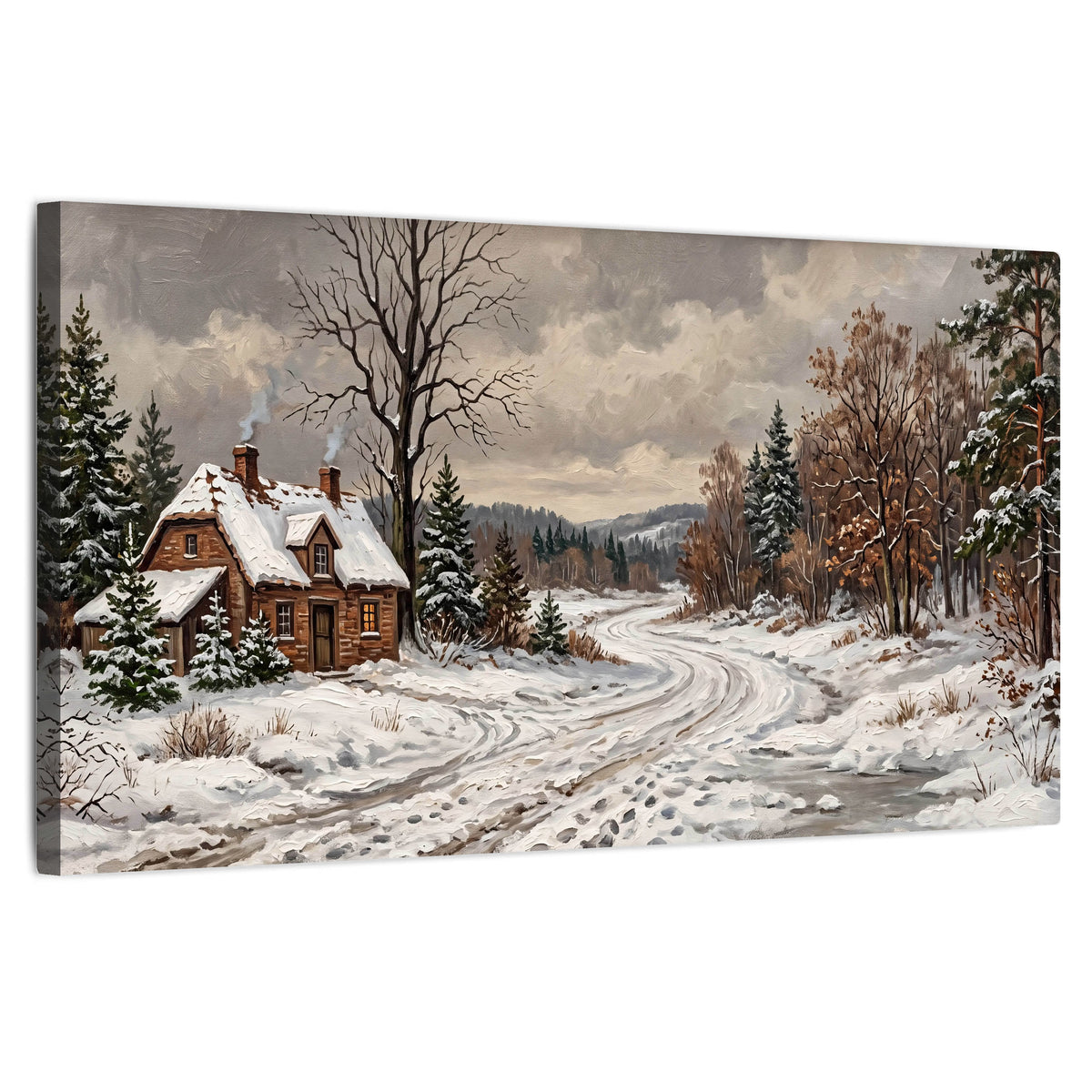 Snowy cottage winter landscape painting stretched canvas wall art on a white background