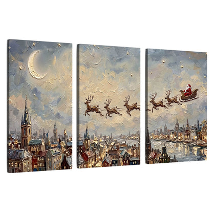 Santa sleigh over city painting 3 piece canvas wall art set on a white background