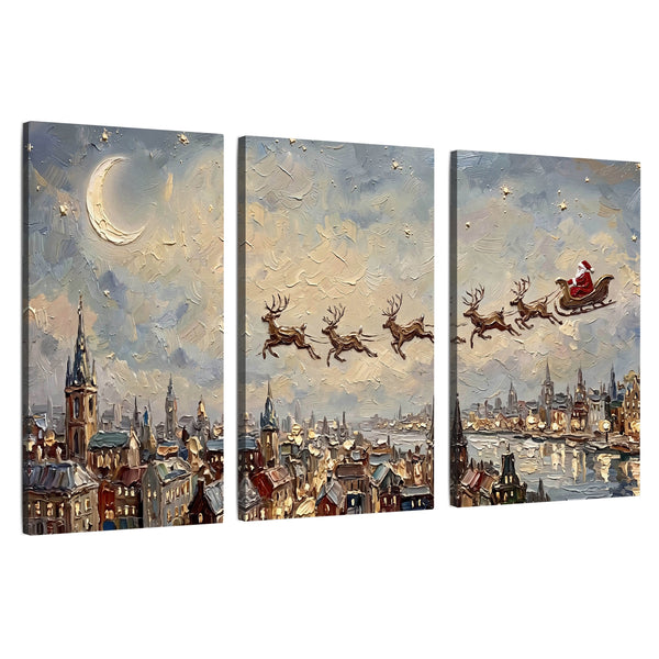 Santa Sleigh Over City Wall Art – Textured Christmas Night Painting