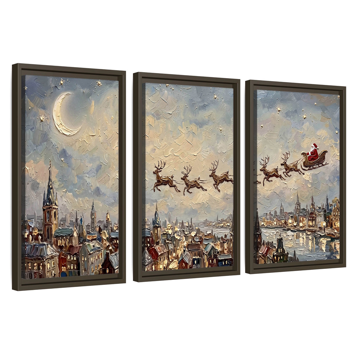 Santa sleigh over city painting 3 piece framed canvas wall art set on a white background