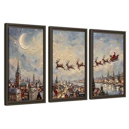 Santa sleigh over city painting 3 piece framed canvas wall art set on a white background