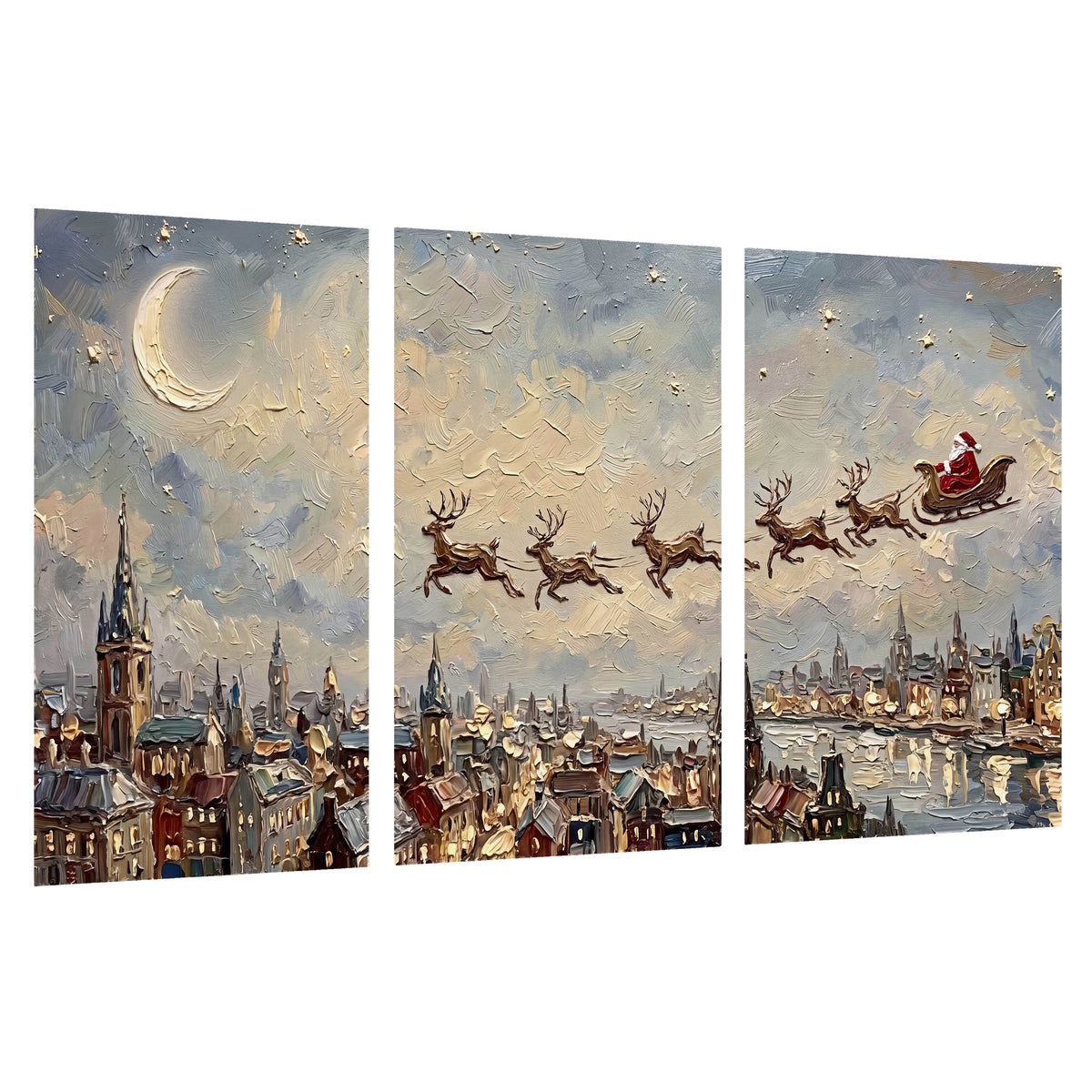 Santa sleigh over city painting set of 3 poster prints on a white background