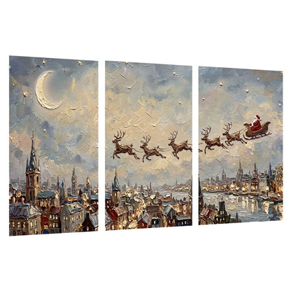 Santa sleigh over city painting set of 3 poster prints on a white background