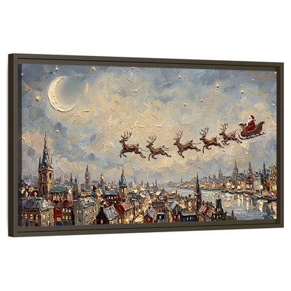 Santa sleigh over city painting framed canvas wall art on a white background