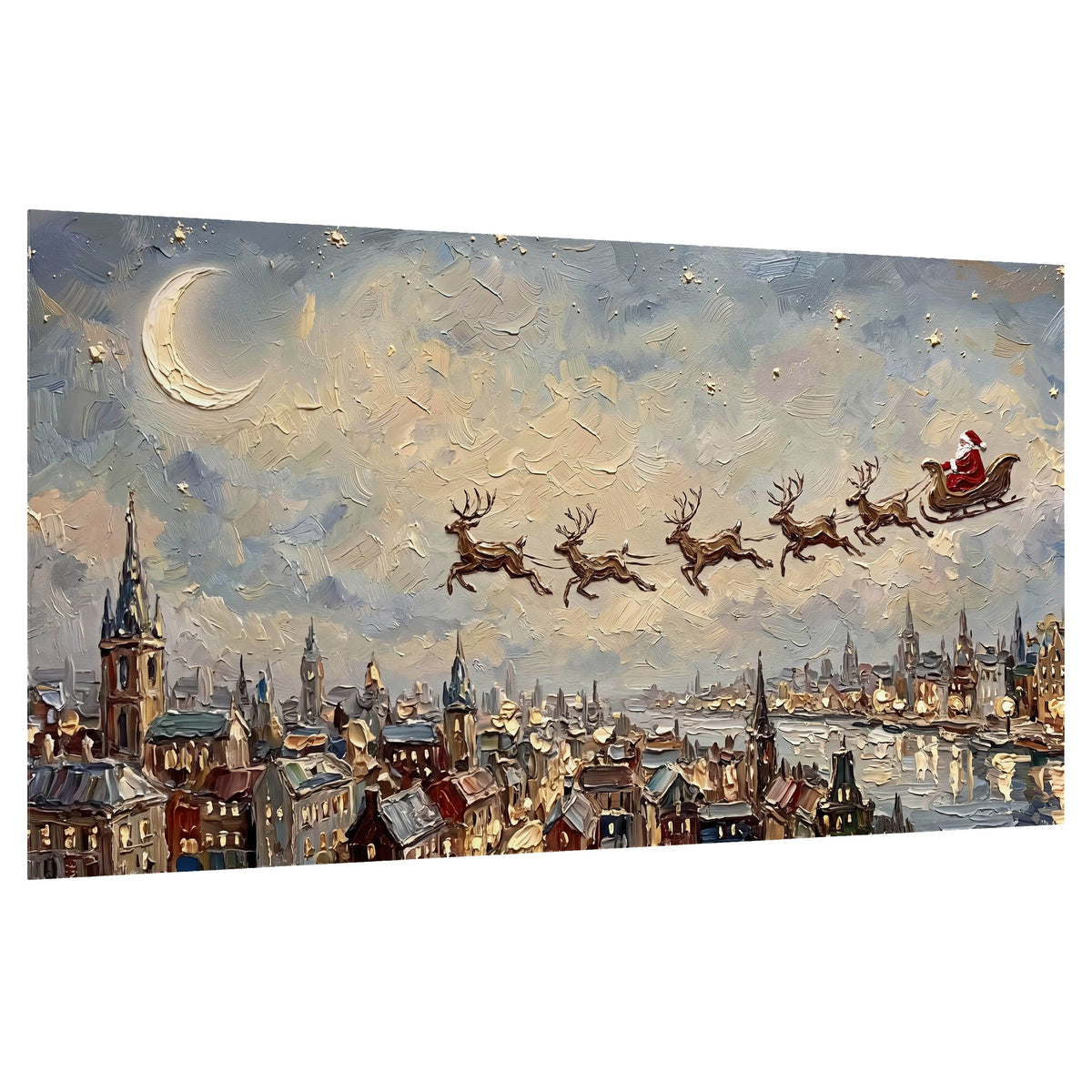 Santa sleigh over city painting poster print on a white background