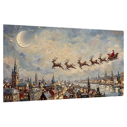 Santa sleigh over city painting poster print on a white background