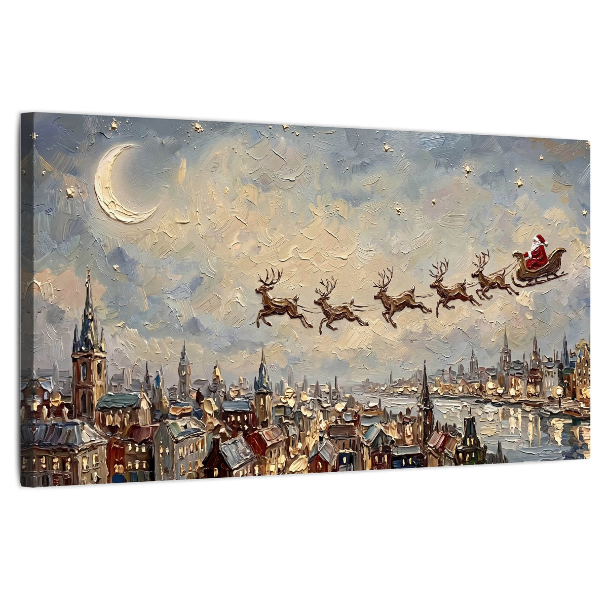 Santa sleigh over city painting stretched canvas wall art on a white background