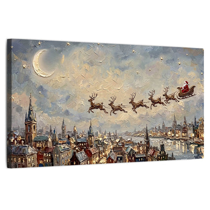 Santa sleigh over city painting stretched canvas wall art on a white background