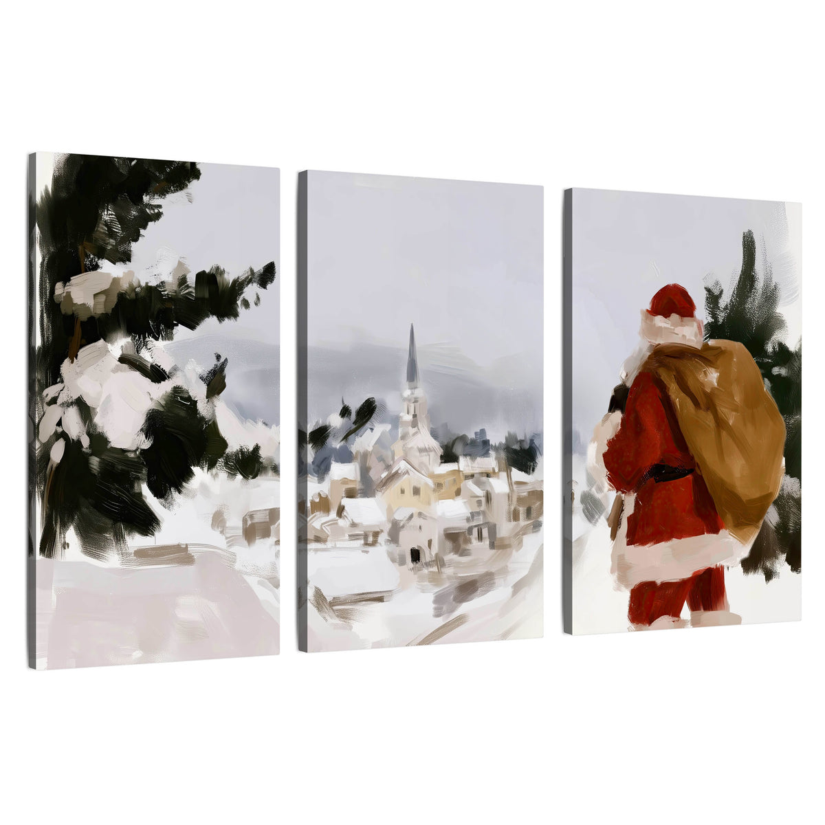Santa Claus snowy village painting 3 piece canvas wall art set on a white background