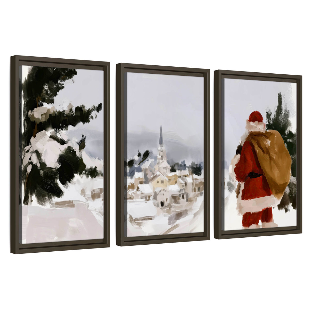 Santa Claus snowy village painting 3 piece framed canvas wall art set on a white background