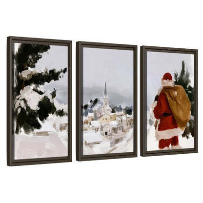 Santa Claus snowy village painting 3 piece framed canvas wall art set on a white background
