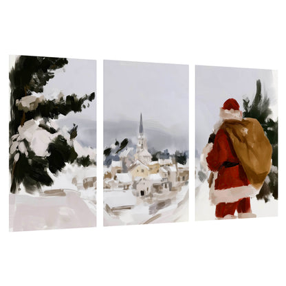 Santa Claus snowy village painting set of 3 poster prints on a white background