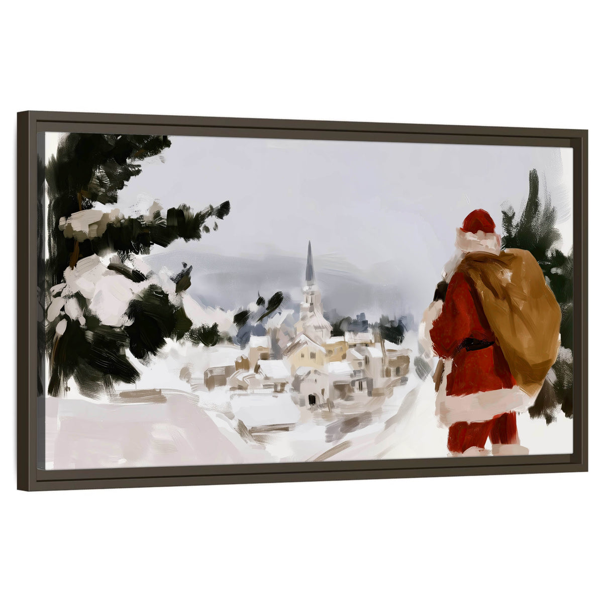 Santa Claus snowy village painting framed canvas wall art on a white background