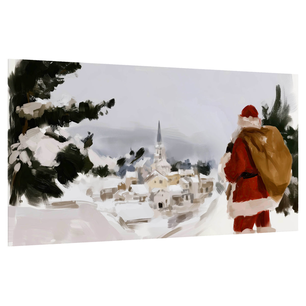 Santa Claus snowy village painting poster print on a white background