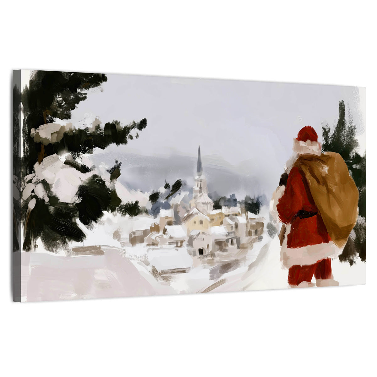 Santa Claus snowy village painting stretched canvas wall art on a white background