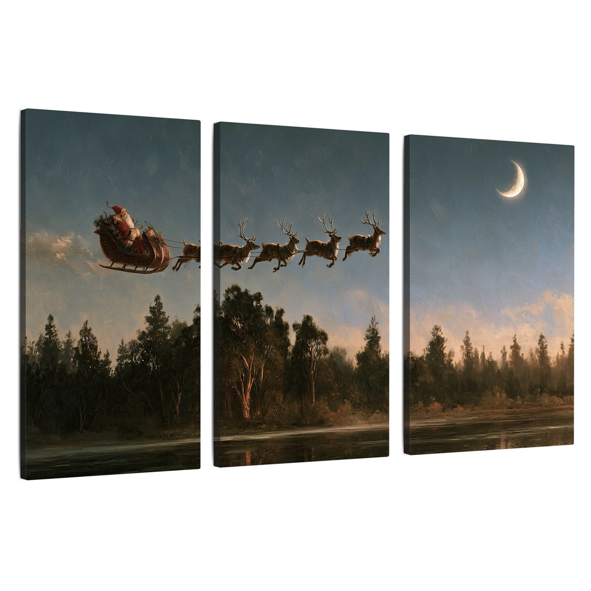 Santa sleigh at dusk painting 3 piece canvas wall art set on a white background