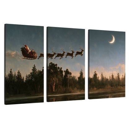Santa sleigh at dusk painting 3 piece canvas wall art set on a white background