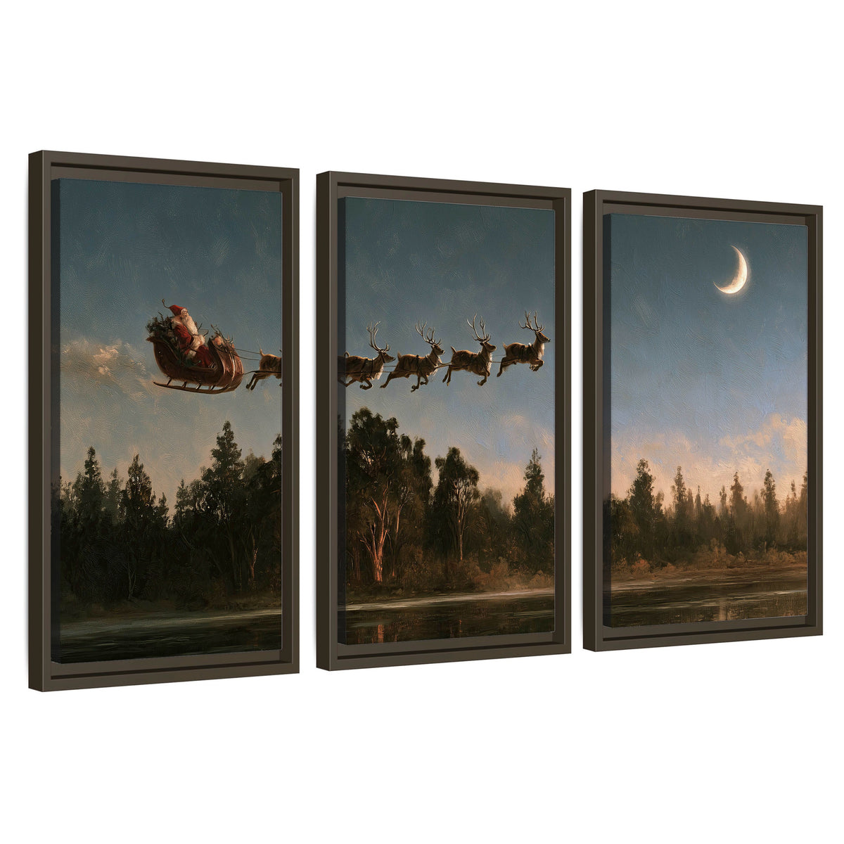 Santa sleigh at dusk painting 3 piece framed canvas wall art set on a white background