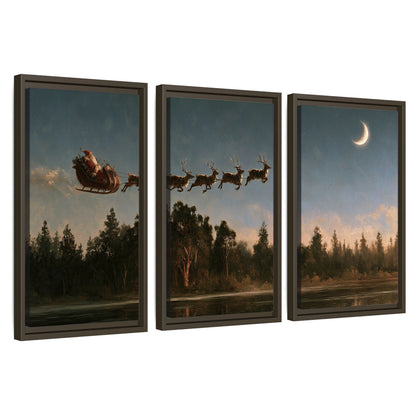 Santa sleigh at dusk painting 3 piece framed canvas wall art set on a white background