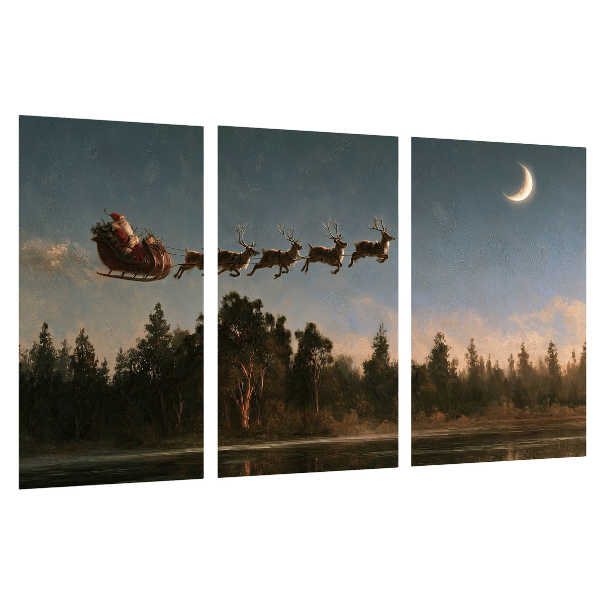 Santa sleigh at dusk painting set of 3 poster prints on a white background
