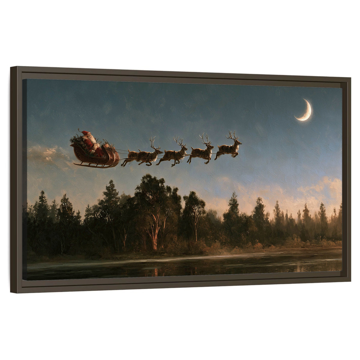 Santa sleigh at dusk painting framed canvas wall art on a white background