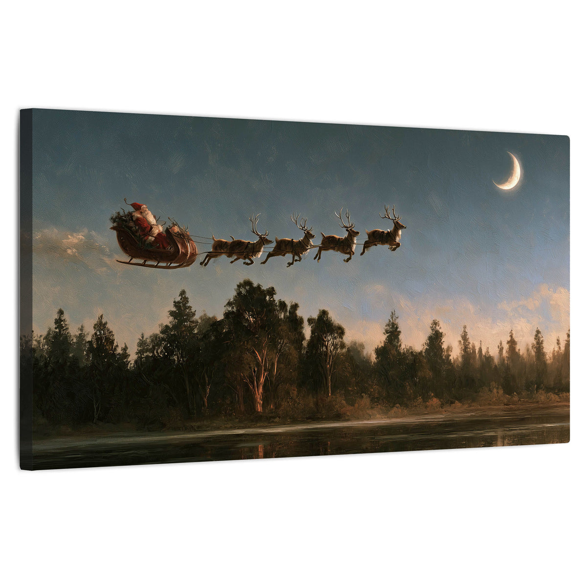Santa sleigh at dusk painting stretched canvas wall art on a white background