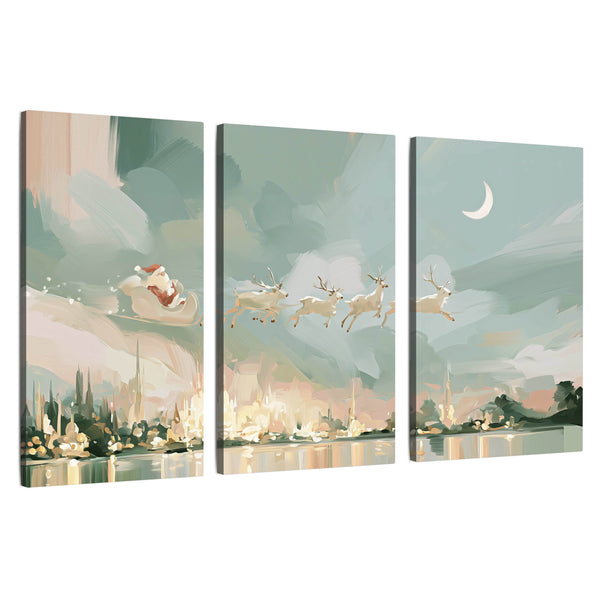Pastel Santa Sleigh Wall Art – Modern Christmas Mint and Blush Painting