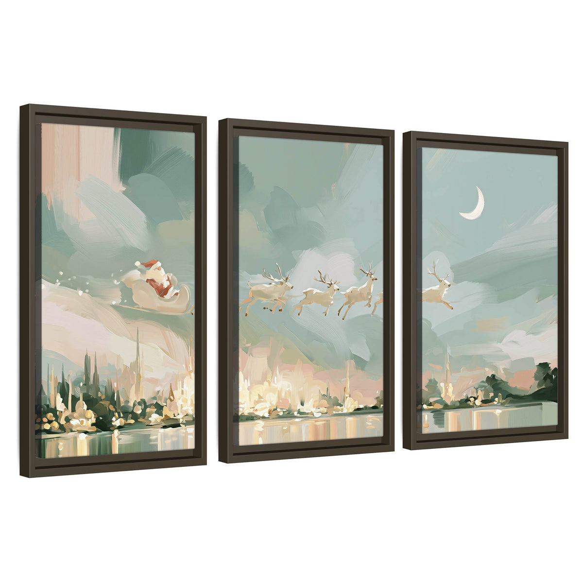 Pastel Santa sleigh painting 3 piece framed canvas wall art set on a white background
