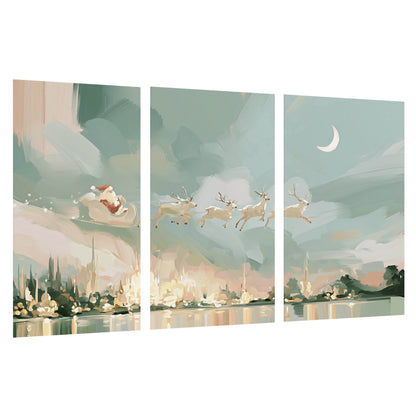 Pastel Santa sleigh painting set of 3 poster prints on a white background
