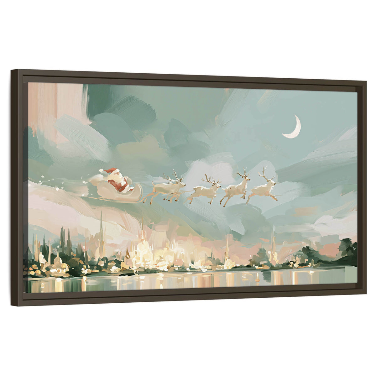 Pastel Santa sleigh painting framed canvas wall art on a white background