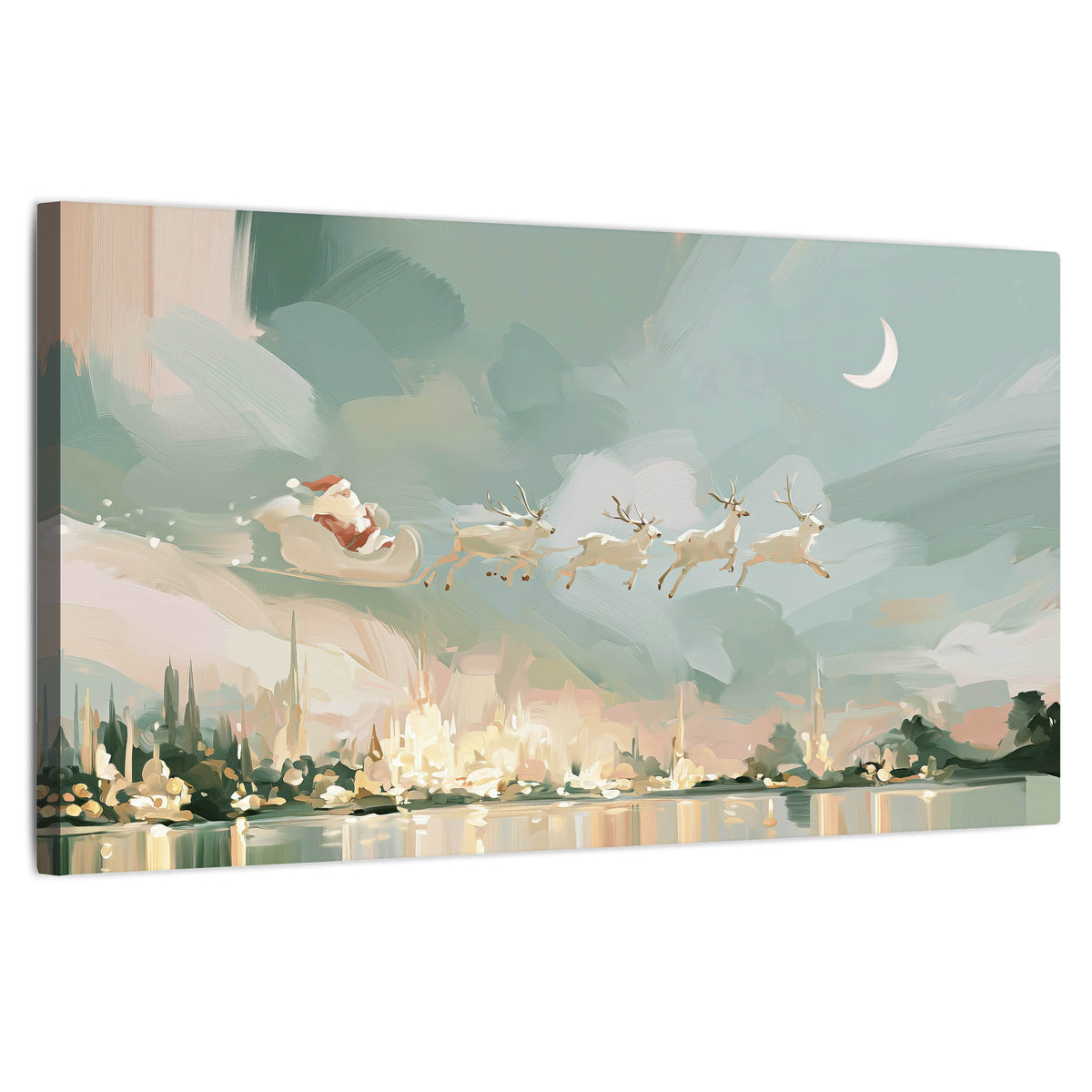 Pastel Santa sleigh painting stretched canvas wall art on a white background