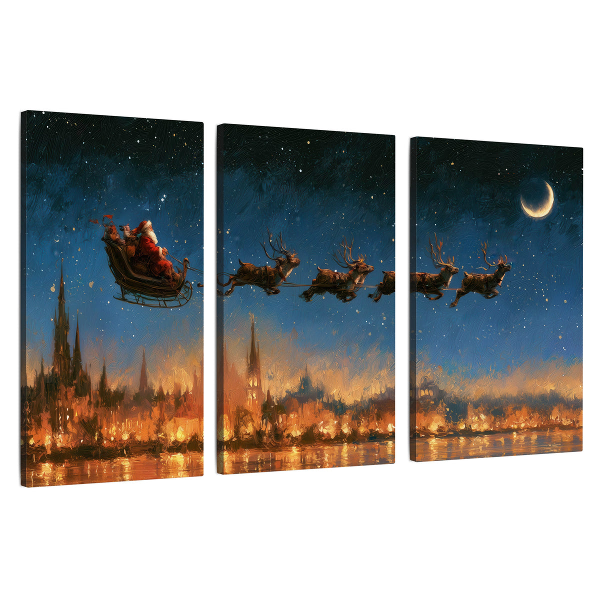 Santa sleigh starry night painting 3 piece canvas wall art set on a white background