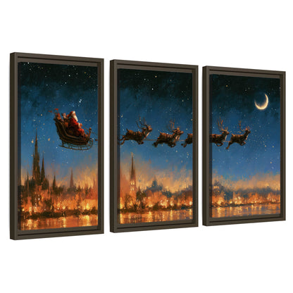 Santa sleigh starry night painting 3 piece framed canvas wall art set on a white background