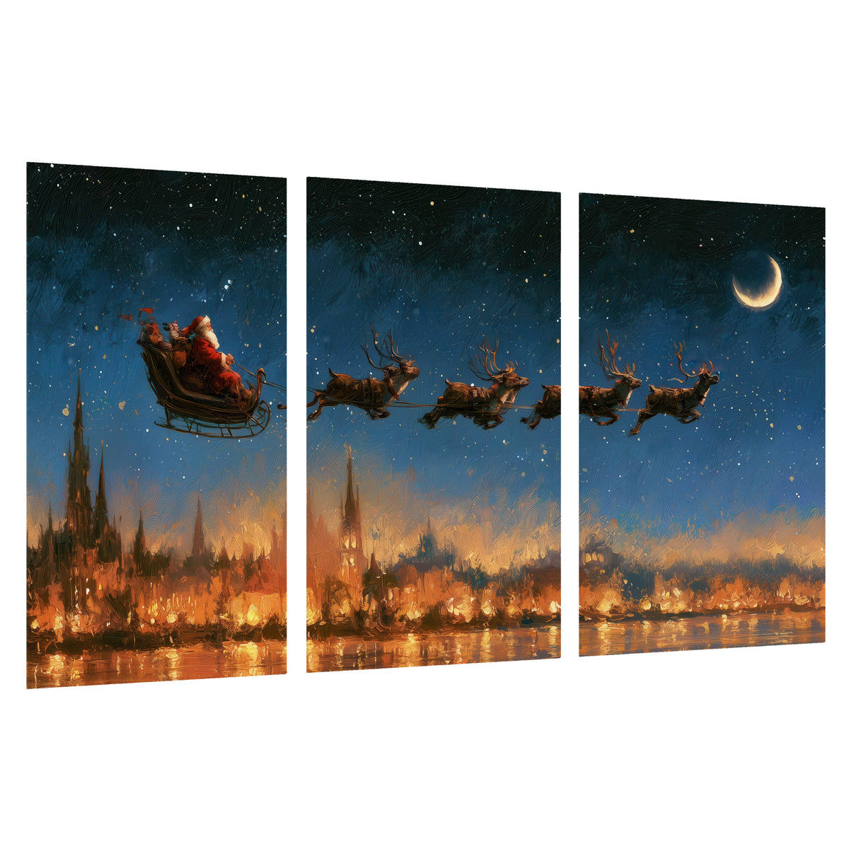 Santa sleigh starry night painting set of 3 poster prints on a white background