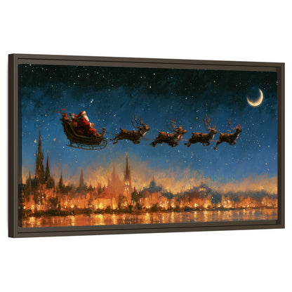 Santa sleigh starry night painting framed canvas wall art on a white background