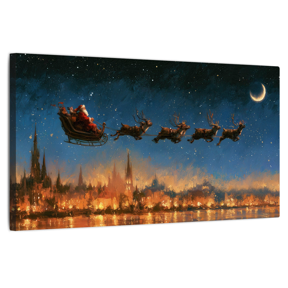 Santa sleigh starry night painting stretched canvas wall art on a white background