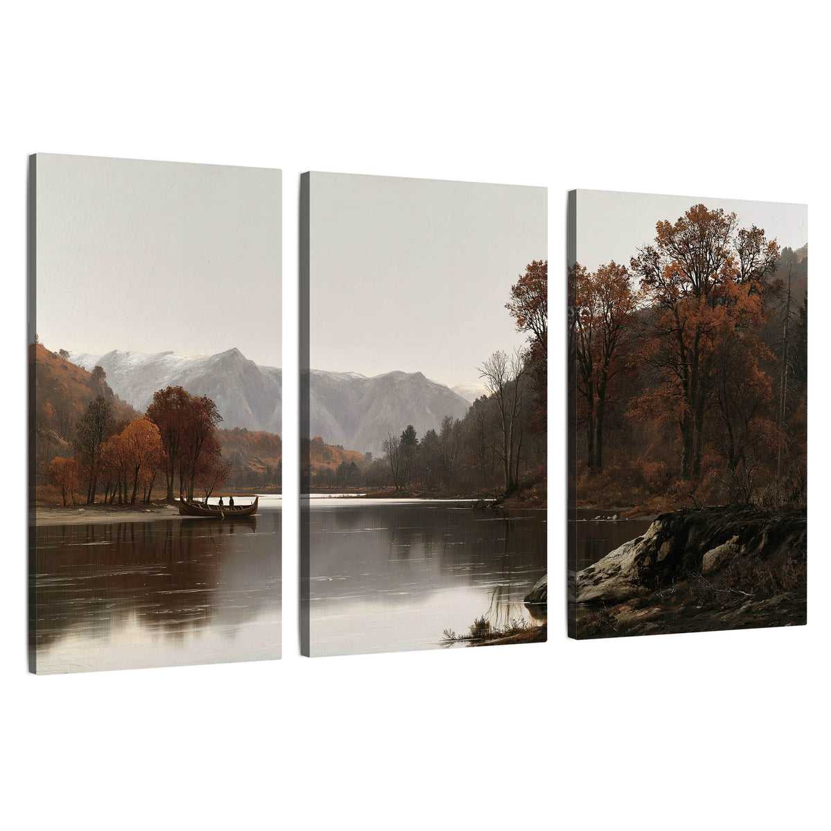 Autumn mountain lake rowboat painting 3 piece canvas wall art set on a white background