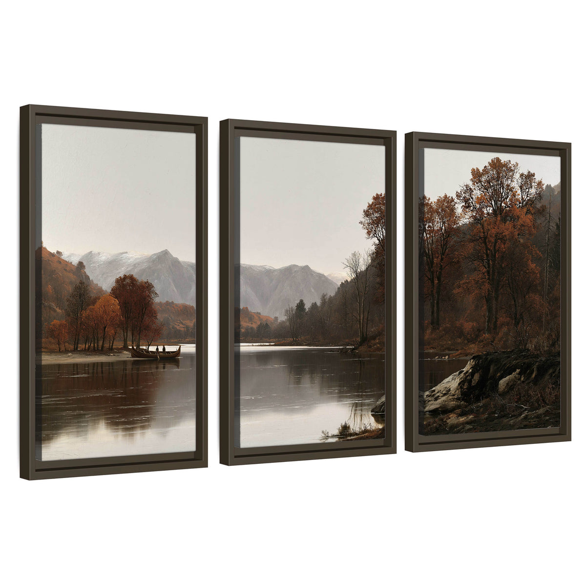 Autumn mountain lake rowboat painting 3 piece framed canvas wall art set on a white background