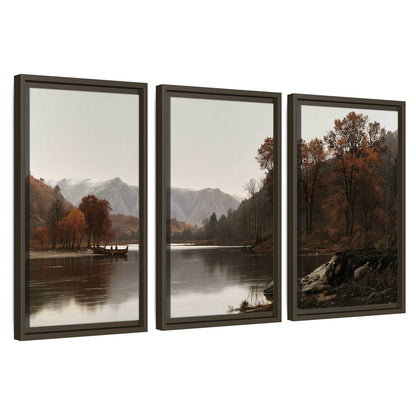 Autumn mountain lake rowboat painting 3 piece framed canvas wall art set on a white background