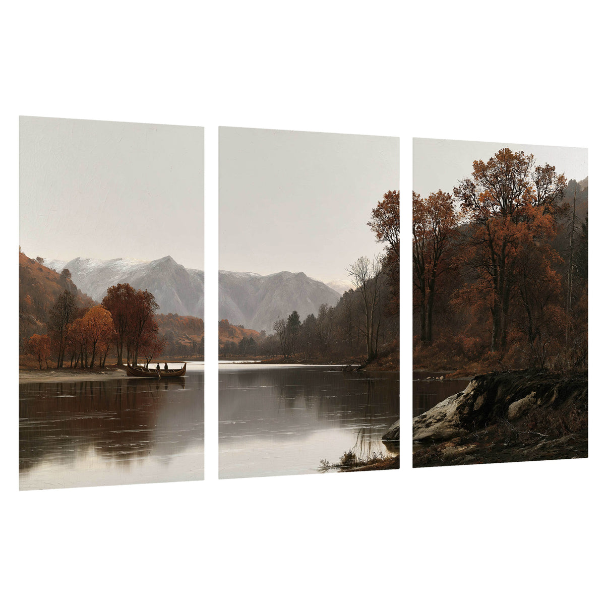 Autumn mountain lake rowboat painting set of 3 poster prints on a white background