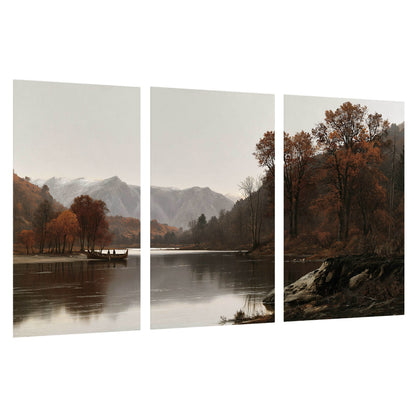 Autumn mountain lake rowboat painting set of 3 poster prints on a white background