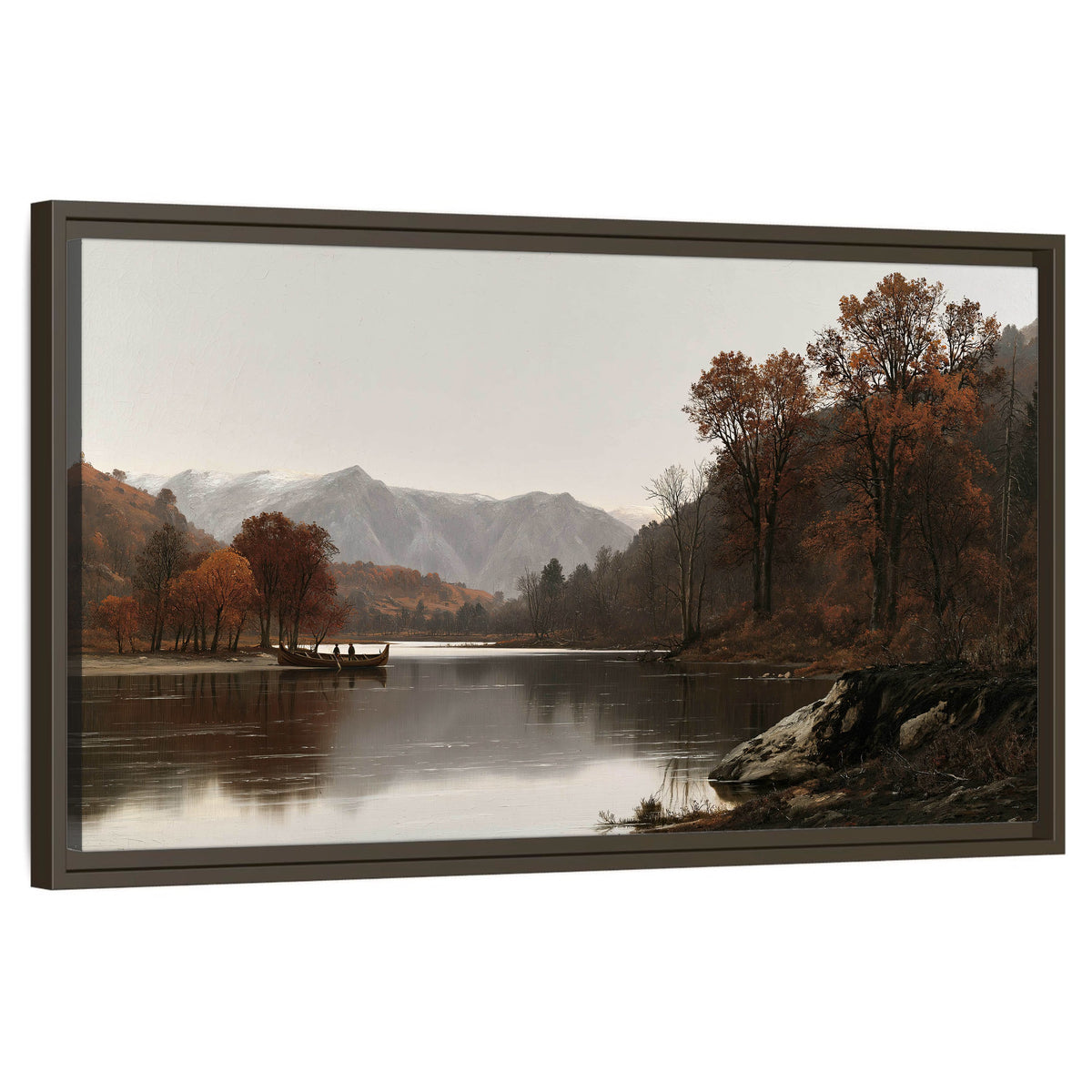 Autumn mountain lake rowboat painting framed canvas wall art on a white background
