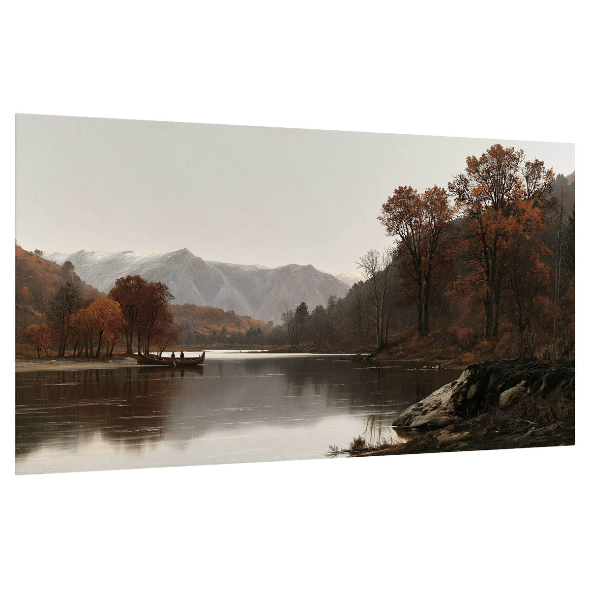 Autumn mountain lake rowboat painting poster print on a white background