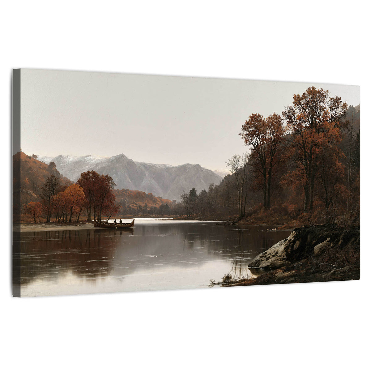 Autumn mountain lake rowboat painting stretched canvas wall art on a white background