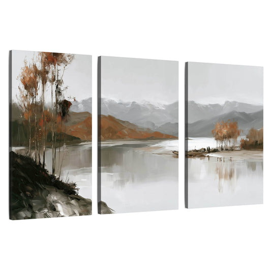 Misty mountain lake autumn painting 3 piece canvas wall art set on a white background