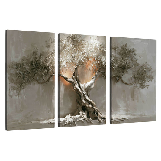 Glowing olive tree painting 3 piece canvas wall art set on a white background