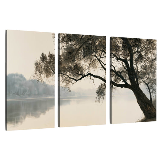 Tree silhouette misty lake painting 3 piece canvas wall art set on a white background